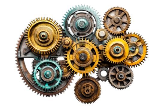 Detailed collection of vintage gears on a transparent background