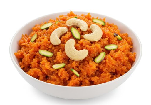 Gajar halwa indian dessert garnished with cashews and pistachios in a white bowl