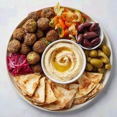 A vibrant platter of Mediterranean delights featuring falafel, hummus, olives, and fresh vegetables, top view