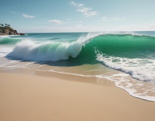 Emerald green waves curl, crashing on a pristine, sandy beach ,  wave,  foam