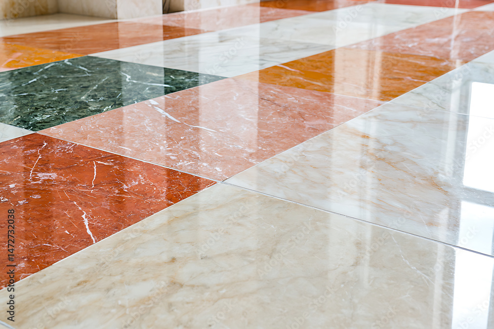 Poster a polished marble floor with a colorful checkerboard design. the tiles reflect light, enhancing the 