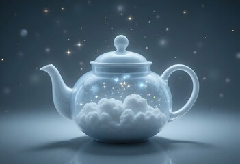 Transparent Teapot Shaped Design Pouring Stars with Cloud Background