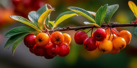 Obraz premium Dewkissed hawthorn berries shine on autumn branch