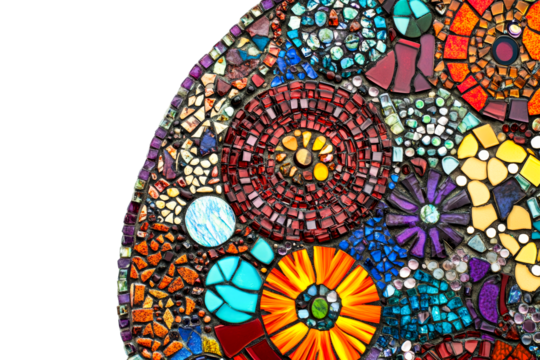 Colorful mosaic design with intricate patterns and textures