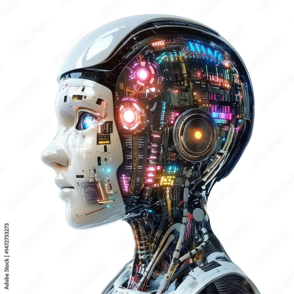 Aufkleber futuristic robot head with intricate circuitry and glowing lights in a modern design