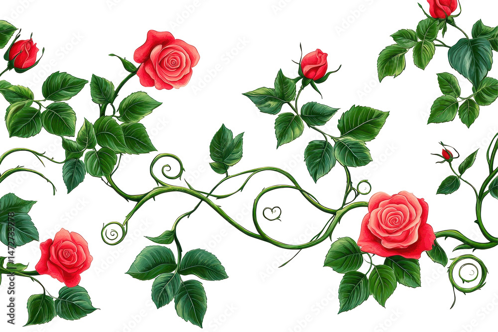 Poster Colorful roses and green vines create an elegant decorative frame on a transparent background for various design applications and creative projects