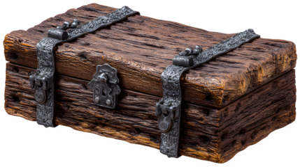 A storage box made from burnt wood with metal latches, isolated on a transparent background.