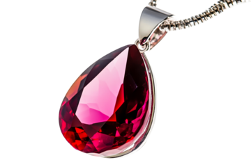 Red tear shaped pendant on silver chain with clear background