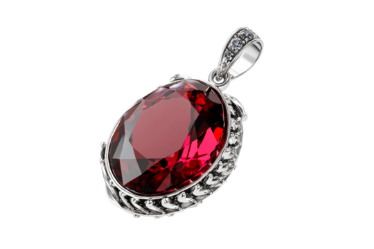 Ruby pendant with detailed silver setting on clear background