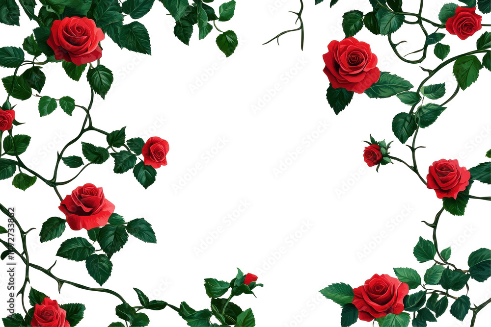 Poster Colorful roses and green vines create an elegant decorative frame on a transparent background for various design applications and creative projects