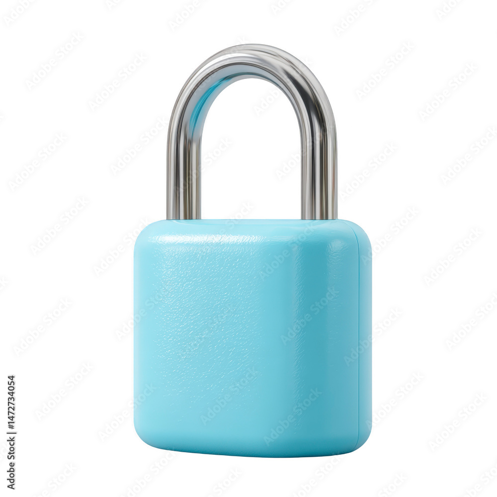 Poster light blue padlock with shiny metal shackle, symbolizing security and protection, isolated on transp