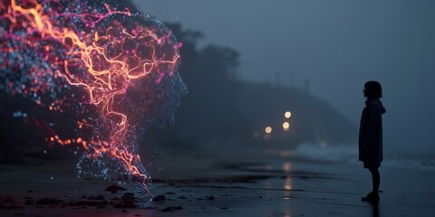 Silhouette of a person standing on a beach facing a glowing digital human face made of neural light streams
