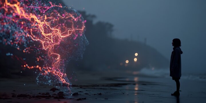Silhouette of a person standing on a beach facing a glowing digital human face made of neural light streams