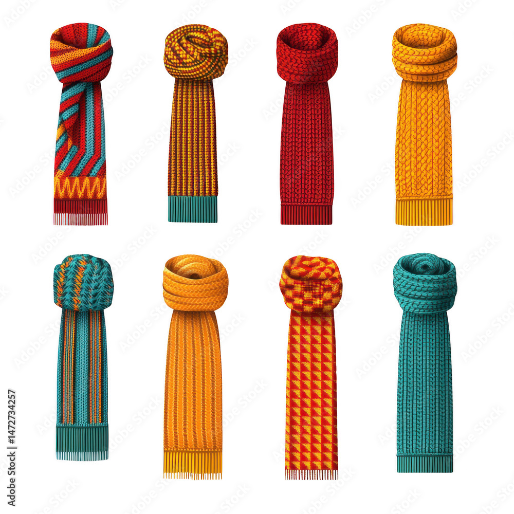 Aufkleber colorful knitted scarves with various patterns and textures are displayed grid. each scarf features 