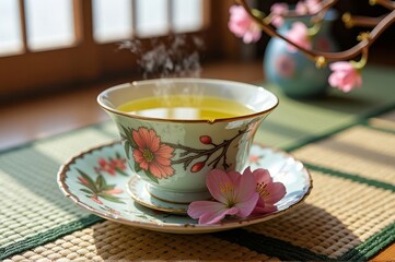 Steaming green tea in floral cup with cherry blossom on tatami mat