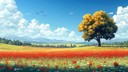 A serene field of poppies under a vibrant sky.  A lone tree stands tall amidst the colorful flowers