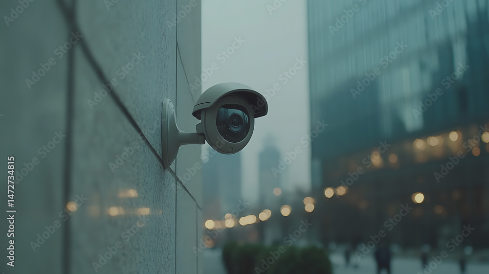 Poster security camera monitoring urban environment. safety and surveillance in the city with building back