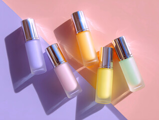 Obraz premium Pastel Cosmetic Bottles Flatlay with Light and Shadow