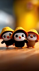 Obraz premium Three adorable cartoon penguins wearing yellow hats, standing close together on a wooden surface