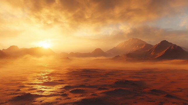 Fiery sunset over a dusty alien landscape.  Vast, orange-toned plains and mountains stretch into a hazy sky