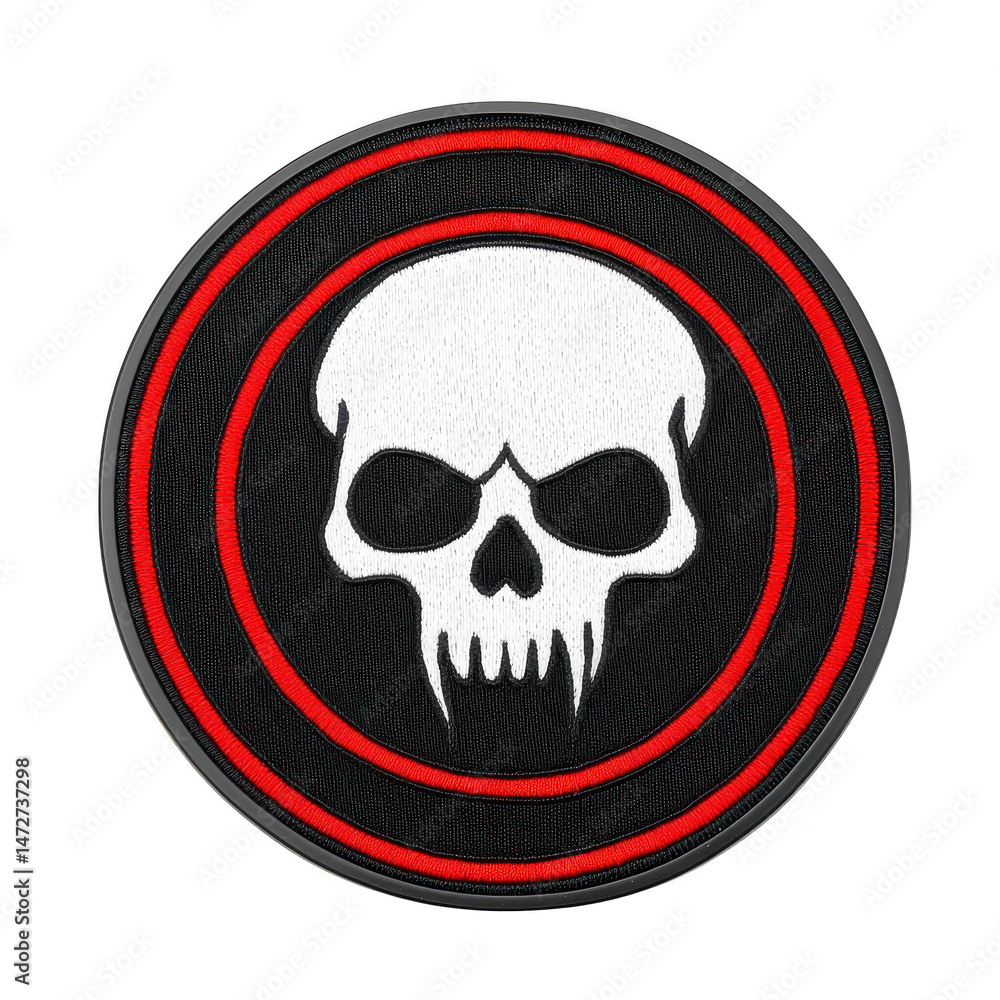 Poster circular patch features white skull design with menacing eyes on transparency background, surrounded