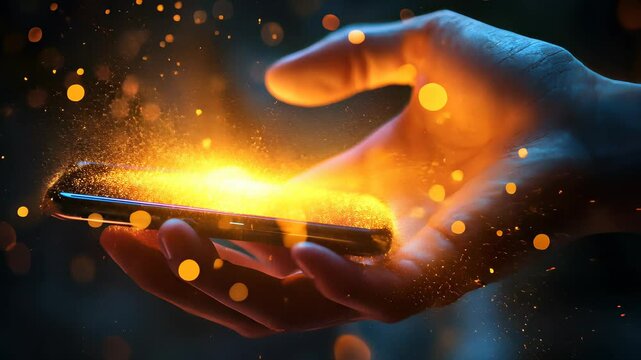 Close-up of Person Holding Smartphone in Dark Room with Dramatic Lighting and Bokeh Effect, Technology and Connection Concept.