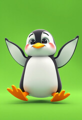 Fototapeta premium Adorable 3D Cartoon Penguin, Happy, Green Background, Cute, Wings Outstretched, Jumping, Playful, Wi