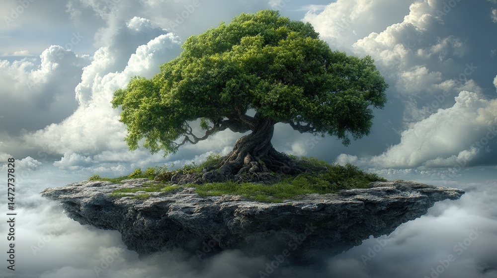 Poster Majestic floating island with a large tree in a cloudy sky.
