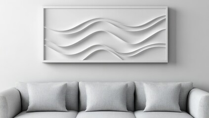 Modern, minimalist wall art above a sofa.  A white framed piece with sculpted wave patterns.  Neutral colors create a calm and serene atmosphere