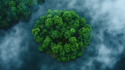 Lush green island encircled by fog in aerial view.