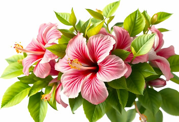 Obraz premium Vibrant Hibiscus Bouquet with Pink Petals and Green Leaves in Bloom
