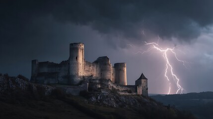 Fototapeta premium A stormy sky over an ancient castle, lightning illuminating the dark towers .