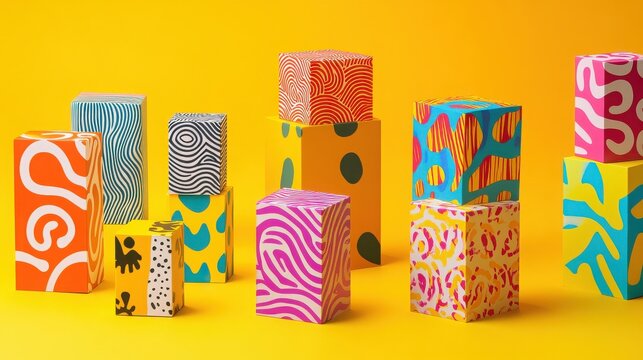 Various vibrant packaging designs displayed on a bright yellow background, Developing eye-catching packaging designs.
