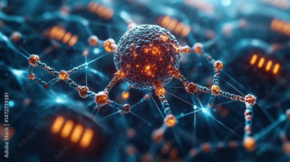 Poster highly detailed digital illustration of a virus particle with intricate surface structure and connec