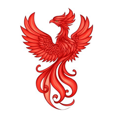 Obraz premium Vibrant red phoenix with detailed feathers and flowing tail symbolizes rebirth and strength. mythical bird is depicted with outstretched wings, exuding sense of power and grace