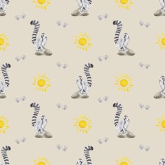 Seamless pattern with hand-drawn watercolor lemurs, handprints and sun on the beige background. Perfect for textile, fabric, children clothes, backdrop, wall hanging, wrapping, summer themed products