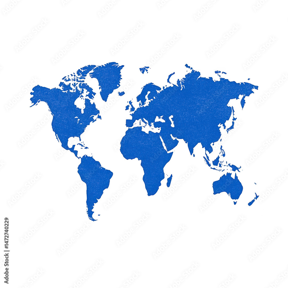 Poster blue world map illustration on transparency background, highlighting continents with textured design