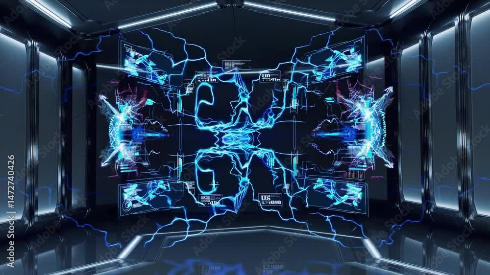Poster blue energy flickering intensely, pulsing across metallic surfaces in shadowy technological environm