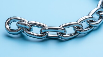 Obraz premium Close-up of shiny metal chain links on a light blue background, forming a curved pattern