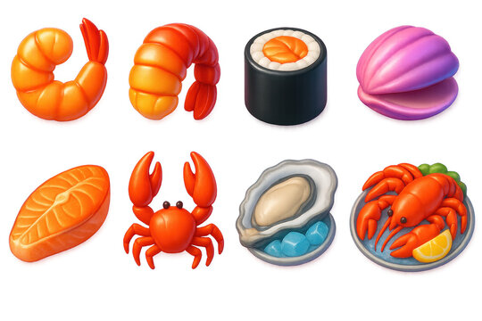 3d seafood icons set – shrimp, lobster, sushi, oyster, clam, salmon, crab. 3D icon set