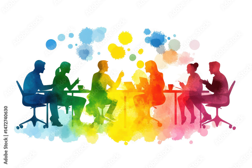 Poster creative discussion among six professionals in a colorful workshop setting with transparent effects 