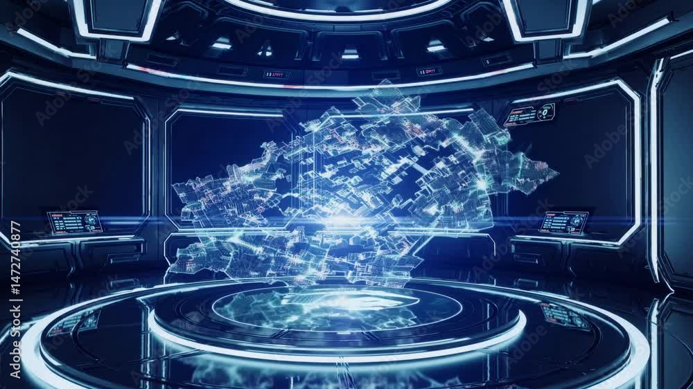 Poster luminous holographic map spinning on sleek platform, revealing complex data visualization within dim
