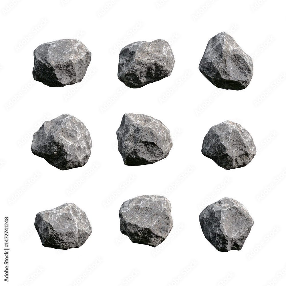 Poster nine gray rocks with rough textures are arranged grid pattern transparency background, showcasing th