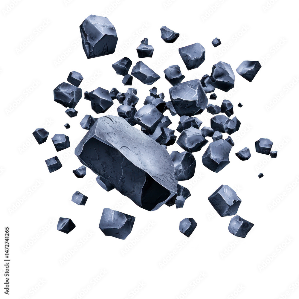 Poster collection of floating, fragmented blue rocks appears to be suspended in mid air, creating dynamic a
