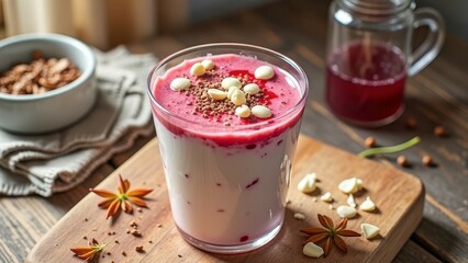 Delicious strawberry yogurt parfait with white chocolate and nuts on wooden cutting board