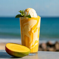 Tropical Mango Paradise: A vibrant mango smoothie with ice cream and fresh mint on a summer day near the ocean, capturing a perfect balance of refreshment and tropical bliss.