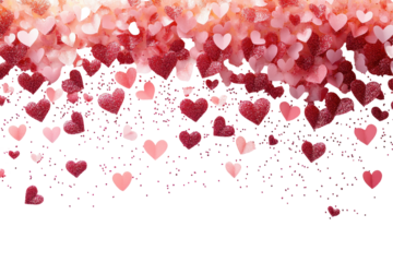 Red hearts scattered across a transparent background for romantic or celebratory occasions in various sizes