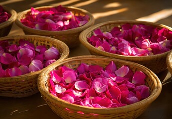 Freshly harvested pink rose petals arranged in baskets showcasing natural beauty and vibrant color, perfect for floral decorations and themed events