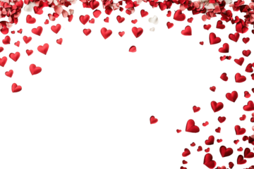 Red hearts scattered across a transparent background for romantic or celebratory occasions in various sizes