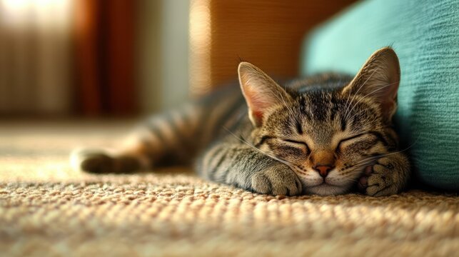 Serene slumber, A close-up of a tabby cat peacefully sleeping with eyes closed